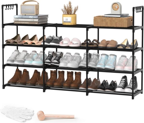 3-Row 4-Tier Metal Stackable Shoe Rack Shelf Black