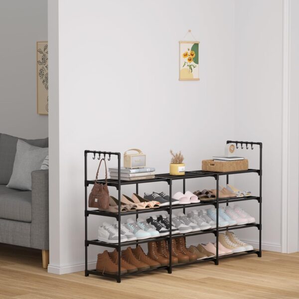 3-Row 4-Tier Metal Stackable Shoe Rack Shelf Black - Image 7